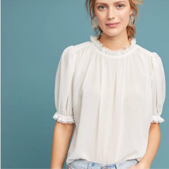NWOT Current Air Anthropologie Airy Sheer Ruffles Puff Sleeve Blouse medium - Picture 3 of 17